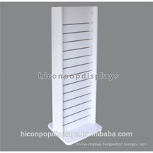 Metal Detachable Hooks White Painted Double Sided Wood Freestanding Slat Wall Display Stands With Wheels